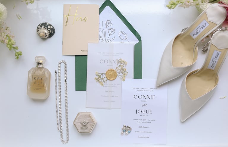 Flat lay of wedding stationery and accessories including cream heels, invitation cards, perfume bottle, jewelry, and green envelope on white background