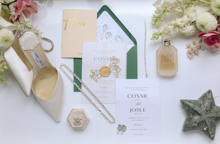 Elegant wedding stationery flat lay with cream invitations, white heels, floral decorations, jewelry, and perfume on white background